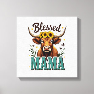 Vintage Blessed Mama Highland Cow Sunflower Wester Canvas Print
