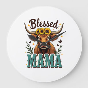 Vintage Blessed Mama Highland Cow Sunflower Wester Large Clock