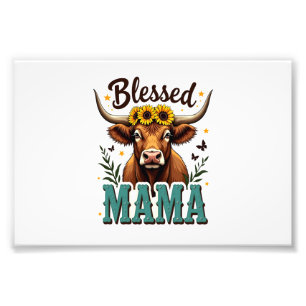 Vintage Blessed Mama Highland Cow Sunflower Wester Photo Print
