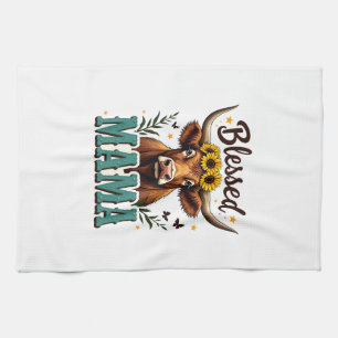 Vintage Blessed Mama Highland Cow Sunflower Wester Tea Towel