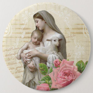Vintage Blessed Virgin Mary Jesus Lamb Pink Rose 6 Cm Round Badge