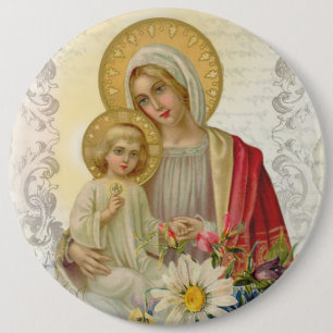 Vintage Blessed Virgin Mother Mary Jesus Floral 6 Cm Round Badge