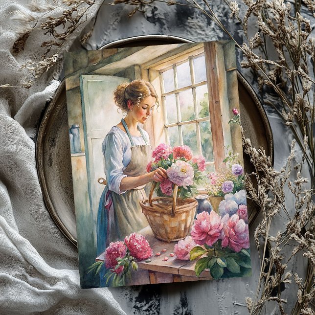 Vintage blonde woman arranged pink peonies tissue paper (Vintage blonde woman arranged pink peonies tissue paper)