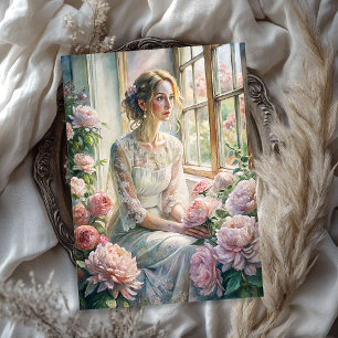 Vintage blonde woman pink peonies cozy window tissue paper