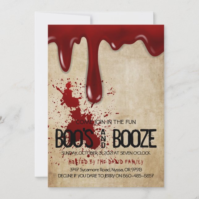 Vintage Bloody Boo's And Booze Halloween Party Invitation (Front)