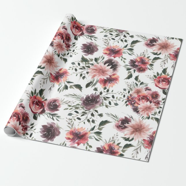 Vintage Blooming Burgundy Flowers Wrapping Paper (Unrolled)