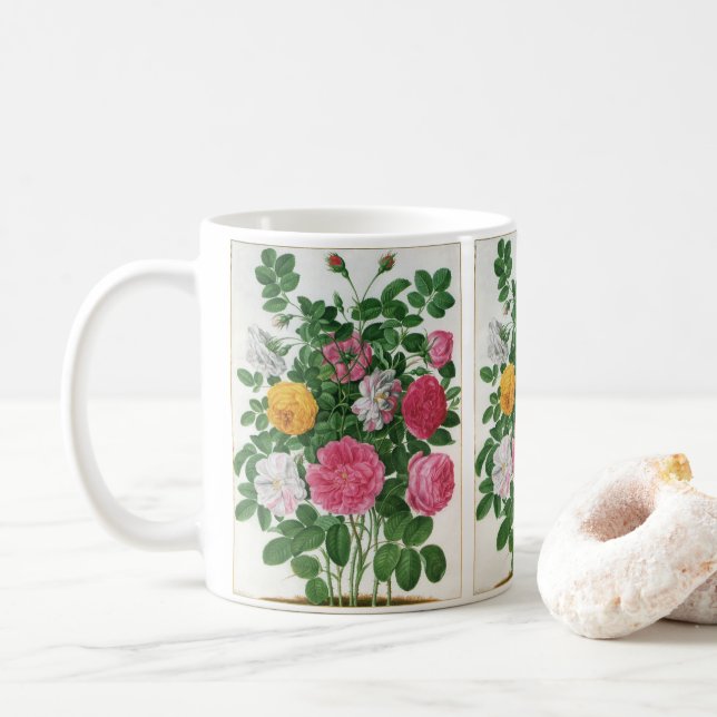 Vintage Blooming Flowers, Spring Garden Roses Coffee Mug (With Donut)