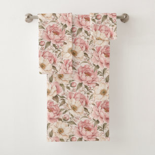 Vintage Blooming Peonies Pattern Bath Towel Set