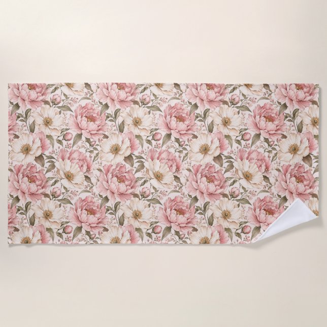 Vintage Blooming Peonies Pattern Beach Towel (Front)