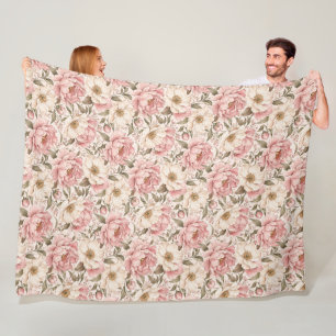 Vintage Blooming Peonies Pattern Fleece Blanket
