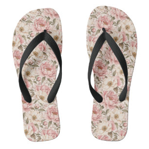 Vintage Blooming Peonies Pattern Flip Flops