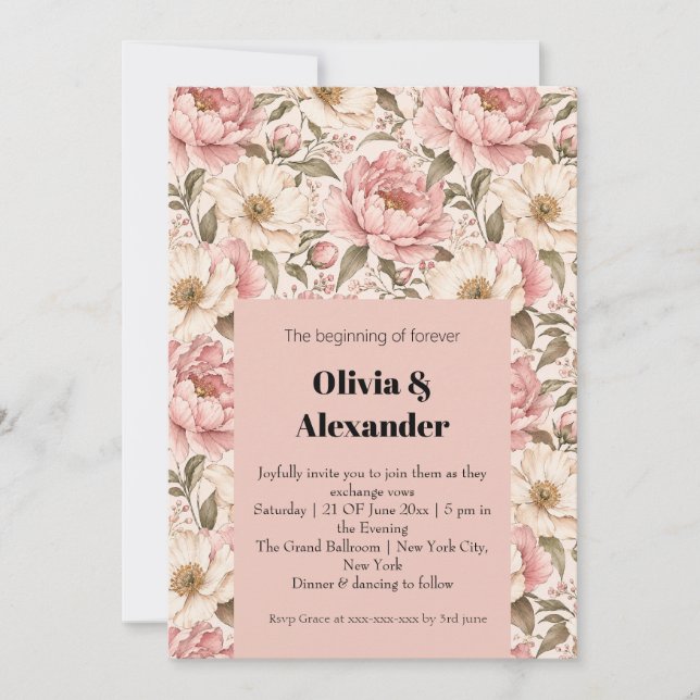 Vintage Blooming Peonies Pattern Invitation (Front)