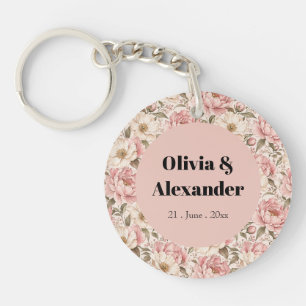 Vintage Blooming Peonies Pattern Key Ring