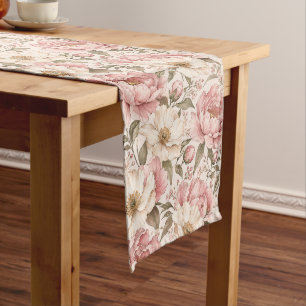 Vintage Blooming Peonies Pattern Long Table Runner