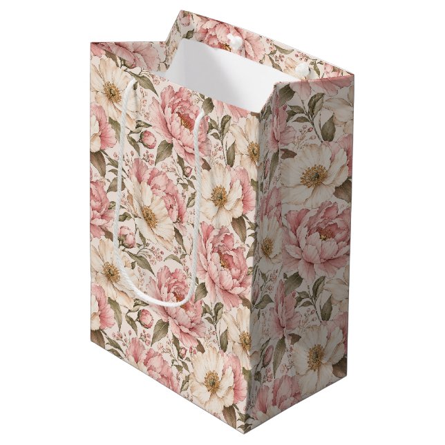 Vintage Blooming Peonies Pattern Medium Gift Bag (Front Angled)