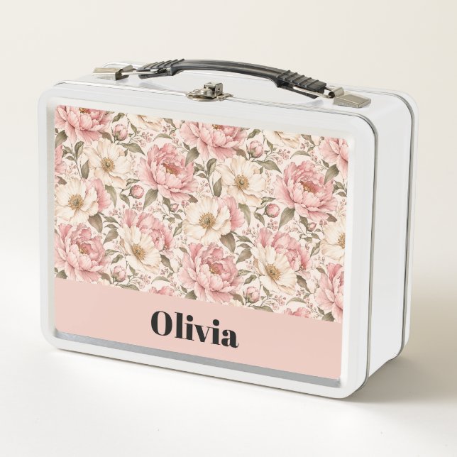 Vintage Blooming Peonies Pattern Metal Lunch Box (Front)