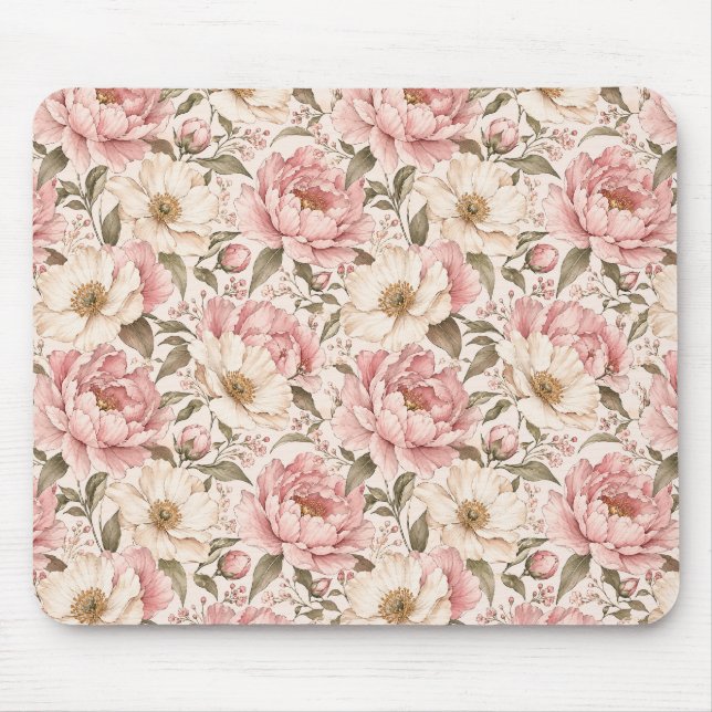 Vintage Blooming Peonies Pattern Mouse Mat (Front)