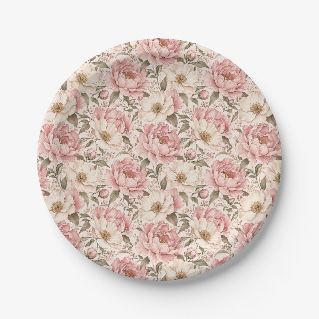 Vintage Blooming Peonies Pattern Paper Plate (Front)