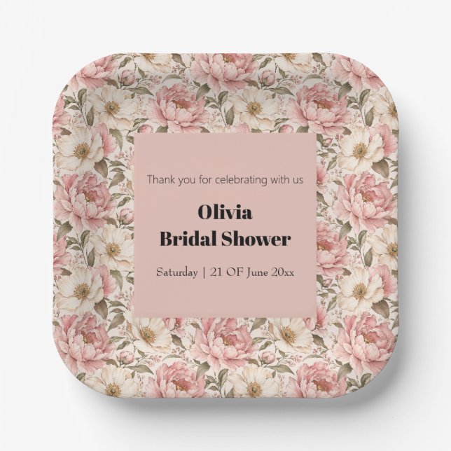 Vintage Blooming Peonies Pattern Paper Plate (Front)