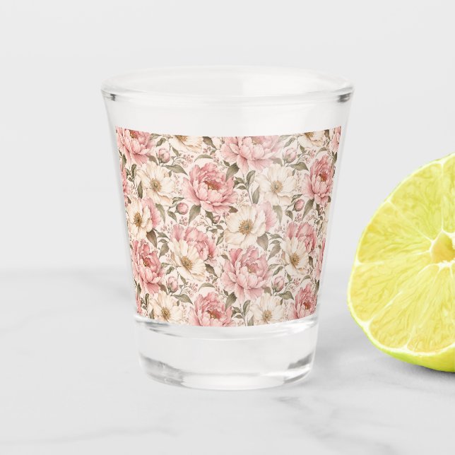 Vintage Blooming Peonies Pattern Shot Glass (Front)