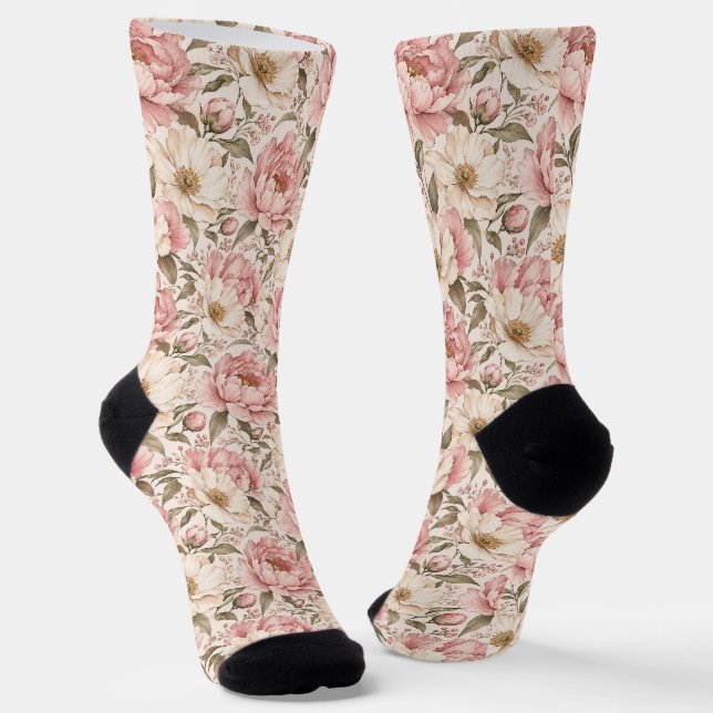 Vintage Blooming Peonies Pattern Socks (Angled)