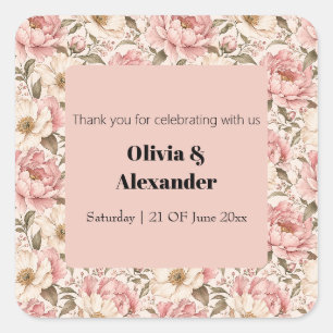 Vintage Blooming Peonies Pattern Square Sticker