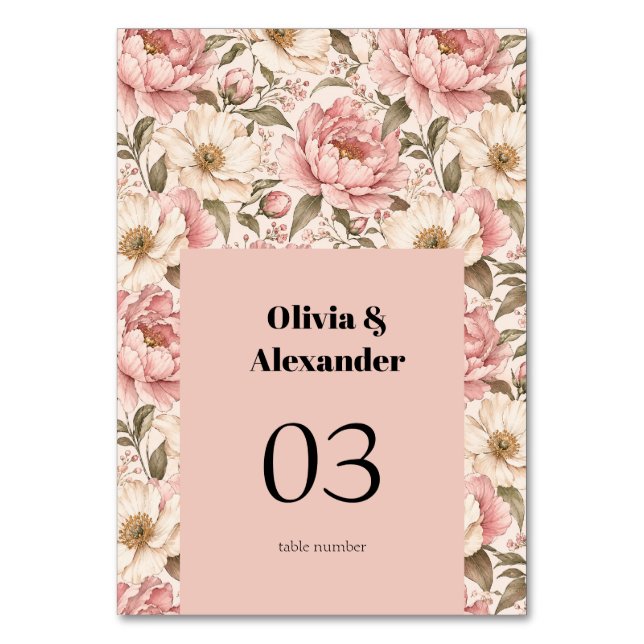 Vintage Blooming Peonies Pattern Table Number (Front)