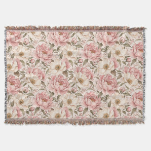 Vintage Blooming Peonies Pattern Throw Blanket