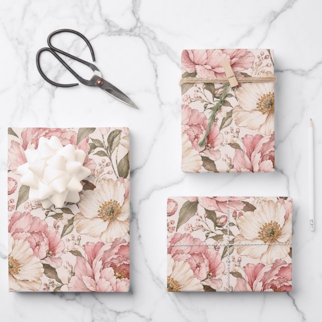 Vintage Blooming Peonies Pattern Wrapping Paper Sheet (Front)