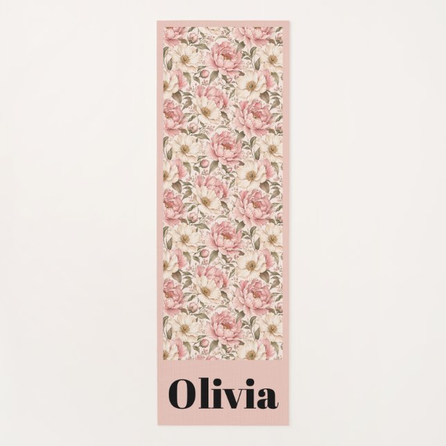 Vintage Blooming Peonies Pattern Yoga Mat (Front)