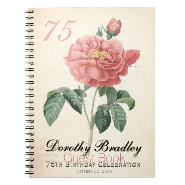 Vintage Blooming Rose 75th Birthday Guest Book (Front)