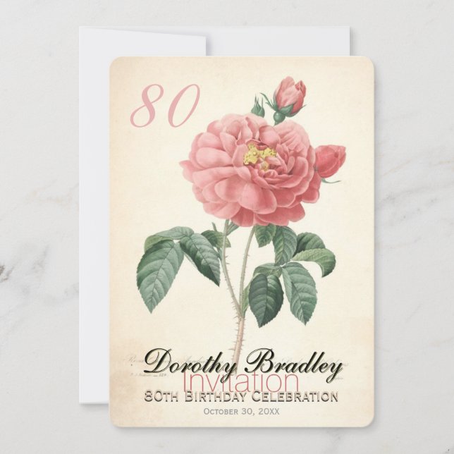 Vintage Blooming Rose 80th Birthday Celebration FC Invitation (Front)