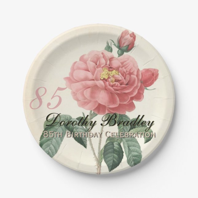 Vintage Blooming Rose 85th Birthday Party PP Paper Plate (Front)