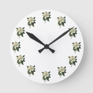 Vintage Blooming White Magnolia Blossom Flowers Round Clock