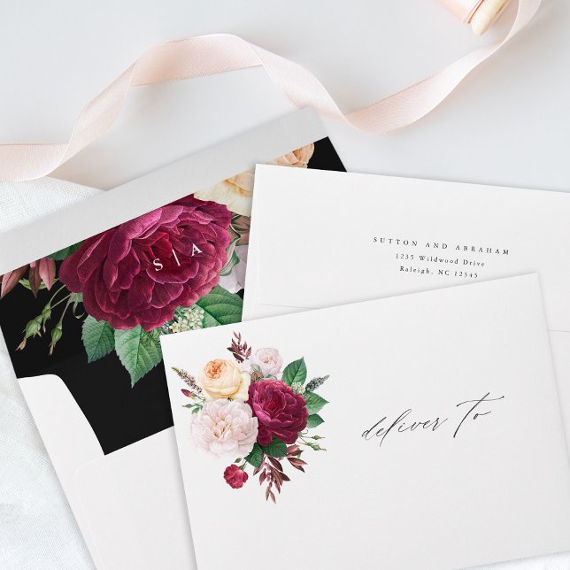 Vintage Blooms Floral Monogram Wedding Envelope (Vintage floral bouquet black wedding invitation envelopes.)