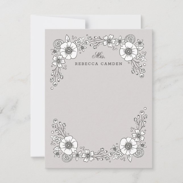 Vintage Blooms Floral Stationery Card - Grey (Front)