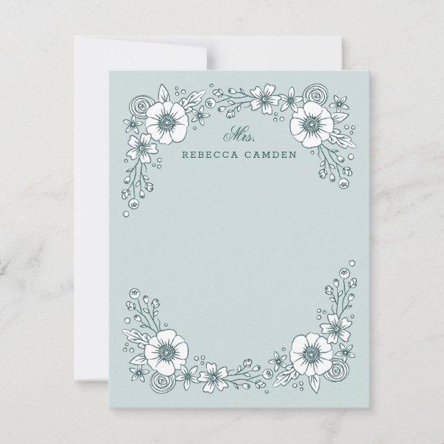 Vintage Blooms Floral Stationery Card - Teal (Front)