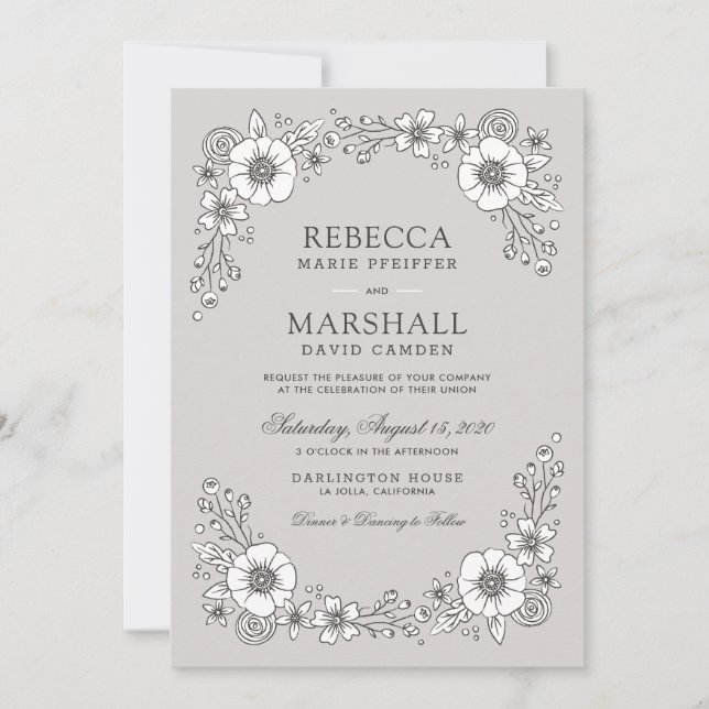 Vintage Blooms Floral Wedding Invitation - Grey (Front)