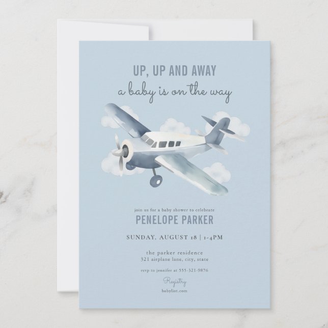Vintage Blue Aeroplane Baby Shower Invitation (Front)
