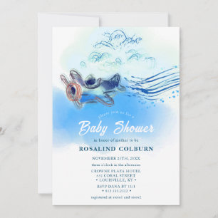 Vintage Blue Aeroplane Watercolor Baby Boy Shower Invitation