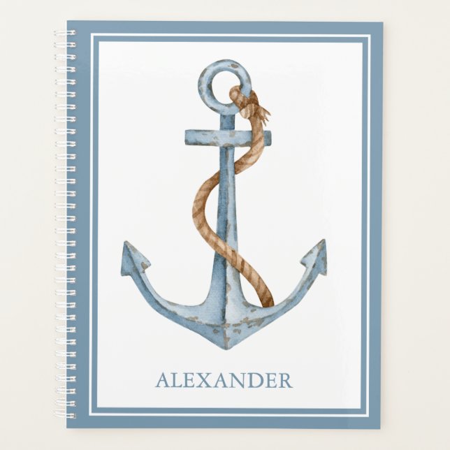 Vintage Blue Anchor With Rope Personalised Planner (Front)