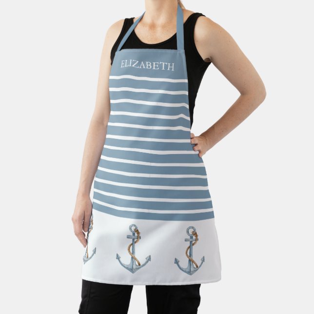 Vintage Blue Anchors on Stripes Personalised Apron (Insitu)