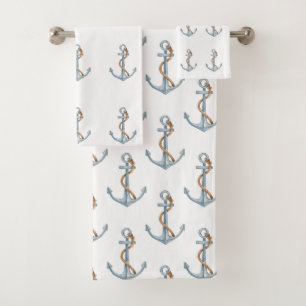 Vintage Blue Anchors With Rope Bath Towel Set