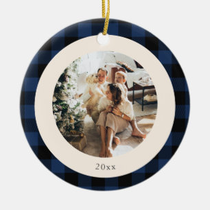 Vintage Blue and Black Buffalo Plaid Custom Photo Ceramic Tree Decoration