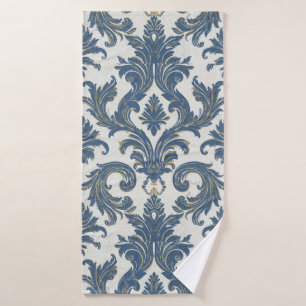 Vintage Blue and Gold Baroque Damask Bath Towel