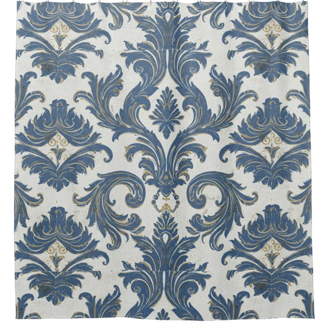 Vintage Blue and Gold Baroque Damask Shower Curtain (Front)
