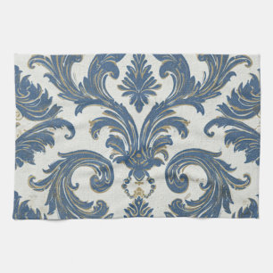 Vintage Blue and Gold Baroque Damask Tea Towel