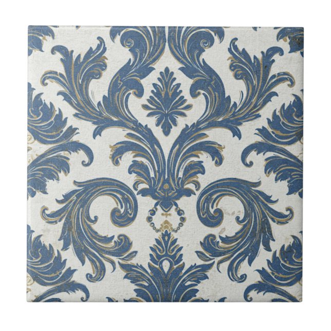 Vintage Blue and Gold Baroque Damask Tile (Front)