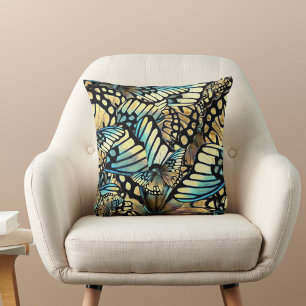 Vintage Blue and Gold Butterfly Wing Collage Cushion