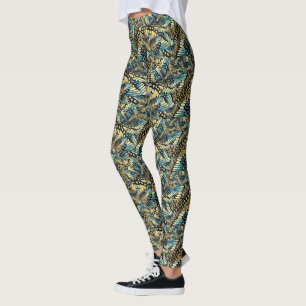 Vintage Blue and Gold Butterfly Wing Collage Leggings